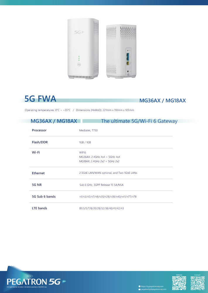 MG36AX/18AX (Indoor 5G Wi-Fi 6 2.4GHz Router) 1Gbe (2.5GbE optional) Ethernet