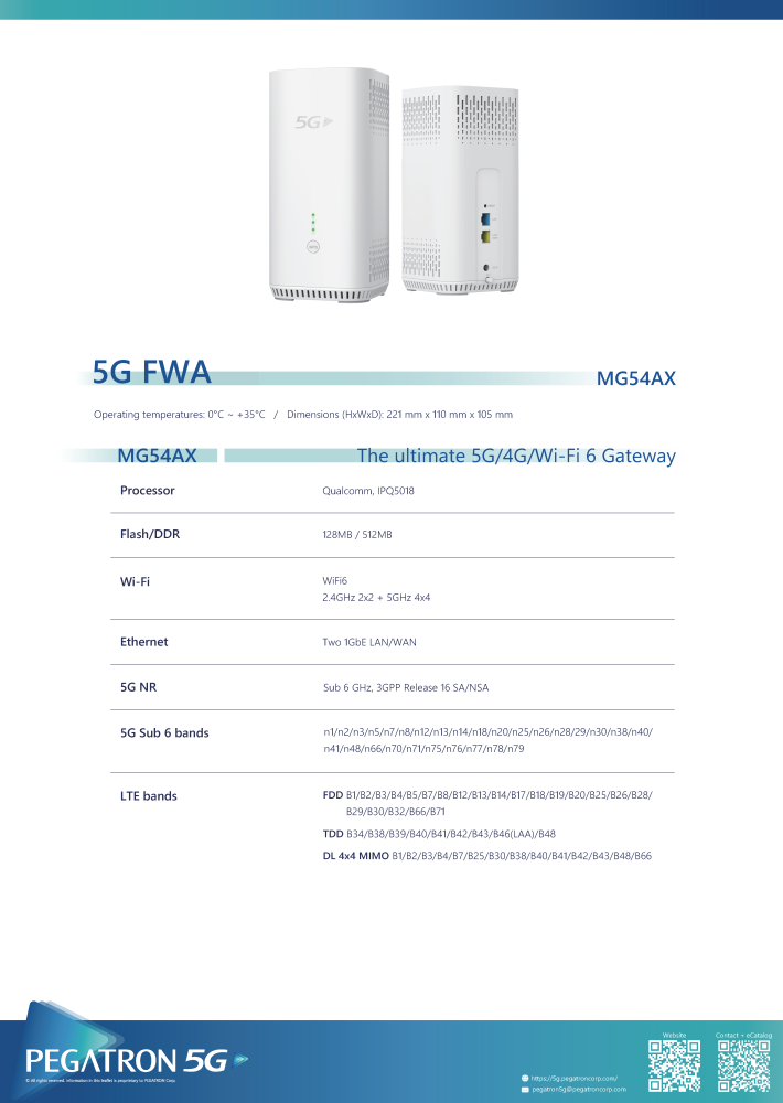 MG54AX (Indoor 5G Wi-Fi 6 2.4/5GHz Router) 1Gbe Ethernet
