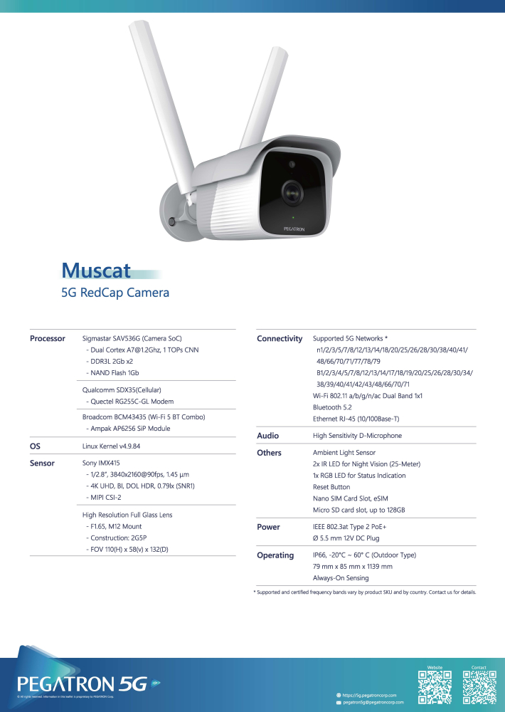 MC2521 (Muscat) 5G RedCap Wi-Fi 5 Ethernet 4K Camera
